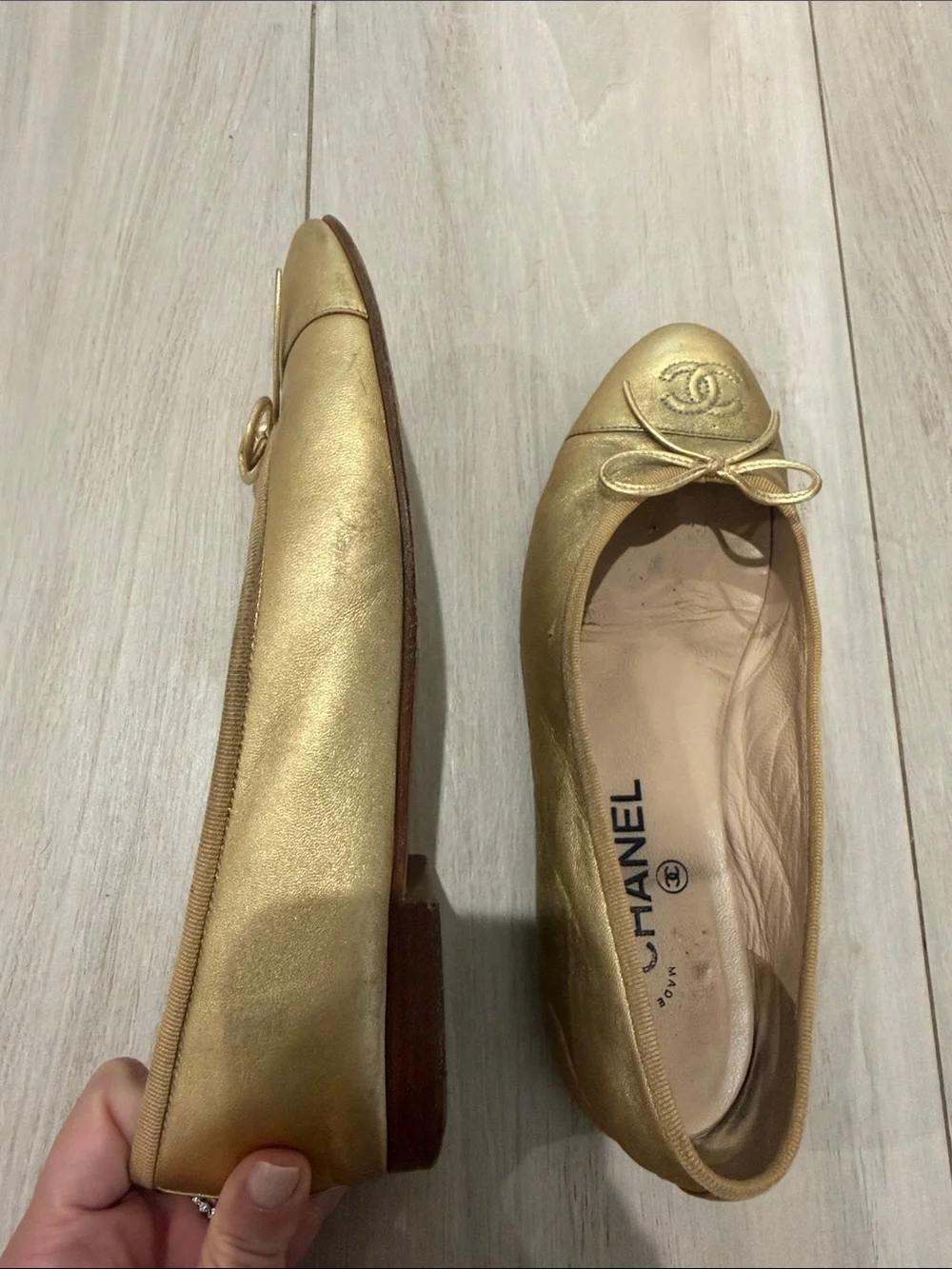 CHANEL Classic Leather Ballet Flats in Gold Size 38